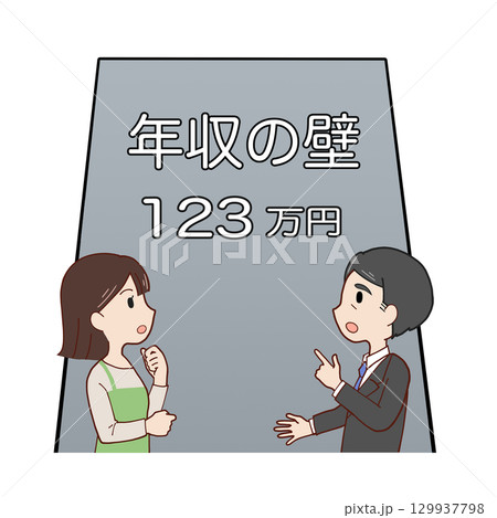 123万円の年収の壁の前で話し合う親子（会社員父＋女子学生娘） 129937798