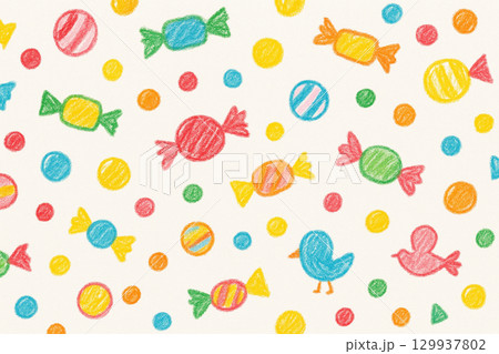 クレヨン手描きのキャンディのシームレスパターン背景 129937802