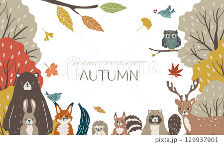 秋の森と動物のたちのかわいいフレームイラスト素材 129937901