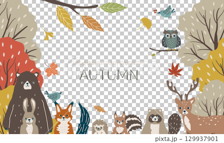 Cute frame illustration of autumn forest and animals 129937901