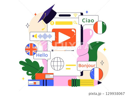 Online Language Learning Vector Illustration Featuring Courses, Training Programs, and Studying Foreign Languages Abroad through Website Education Online Language Learning Vector Illustration Featuring Courses, Training Programs, and Studying Foreign Languages Abroad through Website Education 129938067