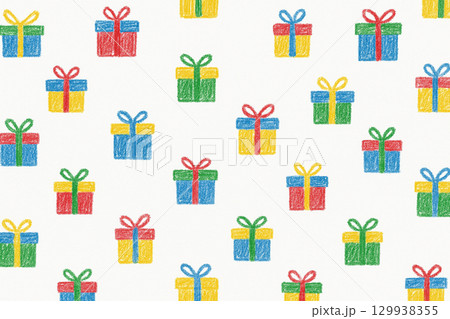 クレヨン手描きのプレゼント箱のシームレスパターン背景 129938355