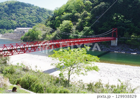 太田川河畔今井田地区に架かる吊り橋の景色 129938829