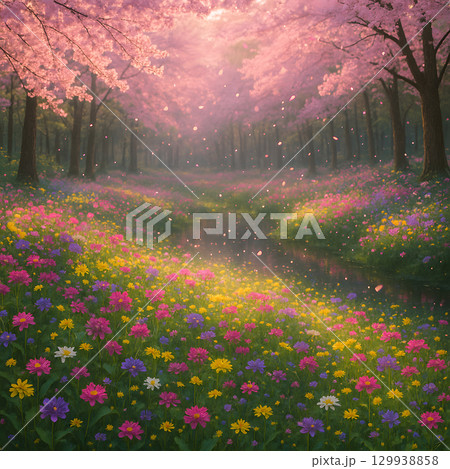 桜吹雪と花々が咲き乱れる春の野原と森の幻想的なイラスト 桜吹雪と花々が咲き乱れる春の野原と森の幻想的なイラスト 129938858