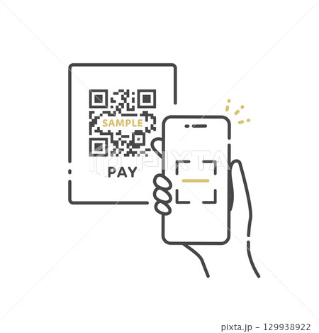 お店のQRコードを読み取り、電子マネーで支払うイラスト・アイコン (ベクター、線画) 129938922