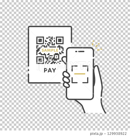 お店のQRコードを読み取り、電子マネーで支払うイラスト・アイコン (ベクター、線画) 129938922
