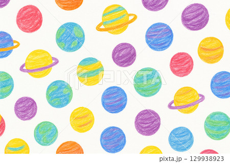 クレヨン手描きの惑星のシームレスパターン背景 129938923