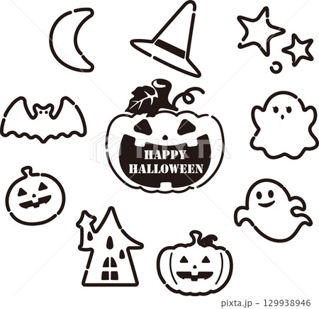 アイコン　ハロウィン　秋　かぼちゃ　おばけ　ジャックオランタン　かわいい　おしゃれ　イラスト　セット 129938946