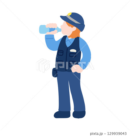 水分補給をする働く人(警察官)のフラットなイラスト 129939043