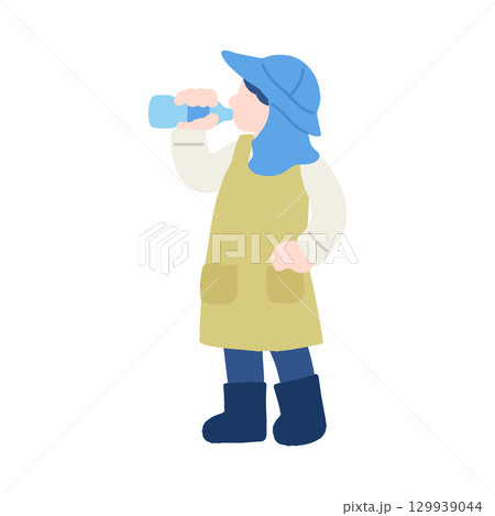 水分補給をする働く人(農家)のフラットなイラスト 水分補給をする働く人(農家)のフラットなイラスト 129939044