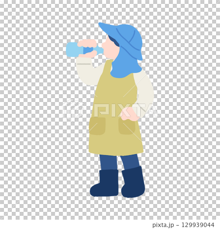 水分補給をする働く人(農家)のフラットなイラスト 水分補給をする働く人(農家)のフラットなイラスト 129939044