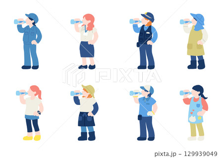 水分補給をする働く人々[女性]のフラットなイラスト(セット) 129939049