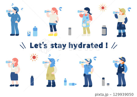 水分補給をする働く人々[女性]と飲み物のフラットなイラスト(セット) 129939050