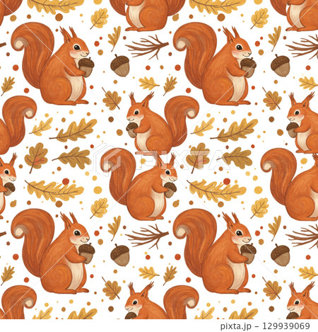 リスとドングリの森の北欧風パターン/絵本調イラスト素材 リスとドングリの森の北欧風パターン/絵本調イラスト素材 129939069
