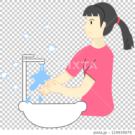 A woman is washing her hands at the sink for good hygiene A woman is washing her hands at the sink for good hygiene 129939079