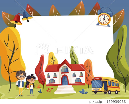 School frame with bus, building and students 129939088