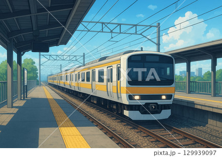 駅に到着した電車 129939097