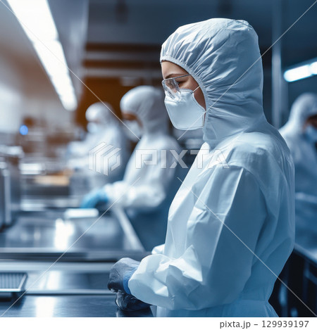 clean and modern food production facility with workers in protective gear, focused on their tasks. environment emphasizes hygiene and safety in food processing 129939197