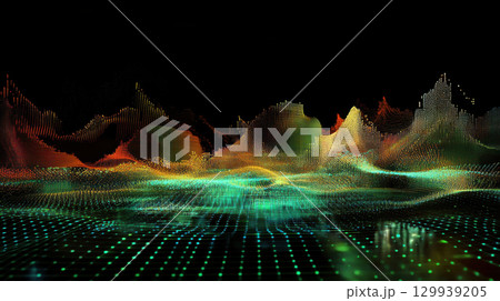futuristic matrix of data points creates abstract landscape with vibrant colors and dynamic patterns, evoking sense of depth and movement in digital realm 129939205