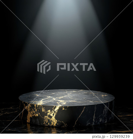 black and gold marble podium illuminated by spotlight, creating dramatic effect. sleek design and elegant colors enhance luxurious atmosphere black and gold marble podium illuminated by spotlight, creating dramatic effect. sleek design and elegant colors enhance luxurious atmosphere 129939239
