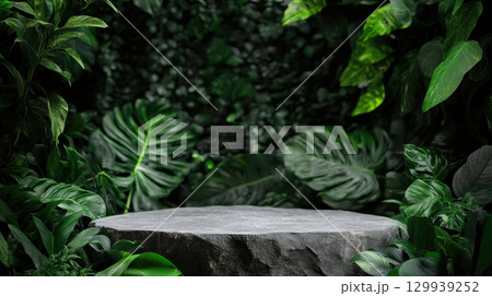 stone textured podium surrounded by lush green leaves creates serene and natural atmosphere, perfect for presentations or displays 129939252