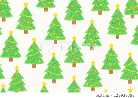 クレヨン手描きのクリスマスツリーのシームレスパターン背景 129939388