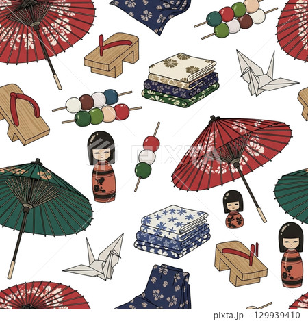 秋の和小物パターン／和モダン手描きアイコン背景イラスト素材 129939410