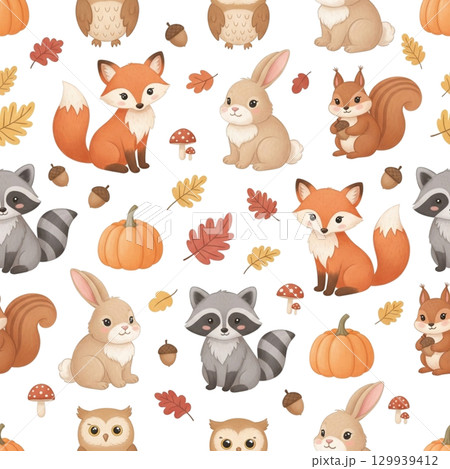 秋の動物たちの絵本風パターン/デフォルメ可愛いイラスト素材 秋の動物たちの絵本風パターン/デフォルメ可愛いイラスト素材 129939412