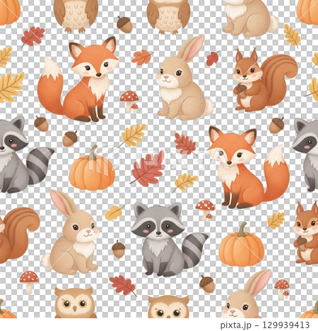 秋の動物たちの絵本風パターン／デフォルメ可愛いイラスト素材 129939413