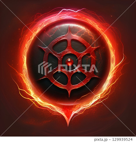 Fierce red emblem with glowing fiery energy vortex creates powerful, dynamic abstract art for modern design 129939524