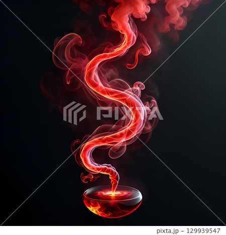 Fiery red smoke elegantly swirls from a glass bowl, creating a dynamic, abstract visual that ignites imagination and passion. 129939547