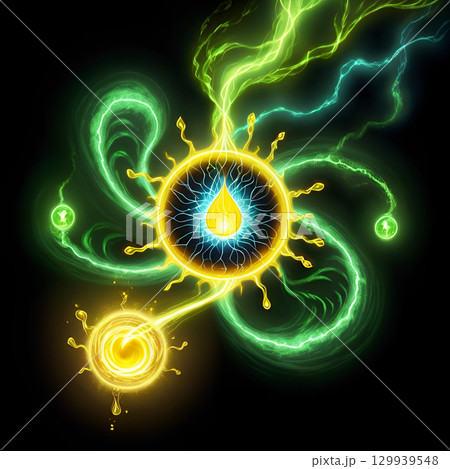 Vibrant energy flow connects glowing celestial orbs with dynamic green lightning strikes on black background 129939548