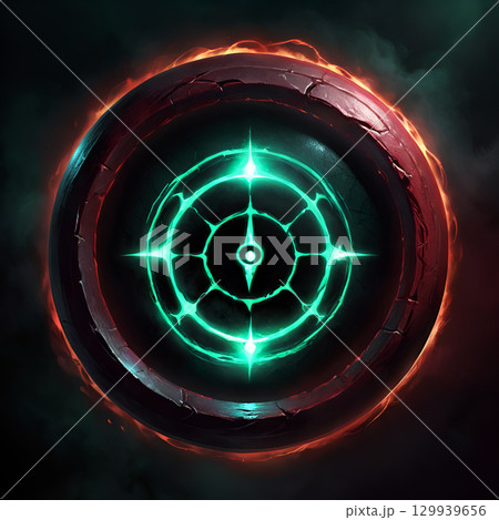 Mysterious glowing portal with ancient rune patterns and fiery energy, beckoning explorers into the unknown 129939656