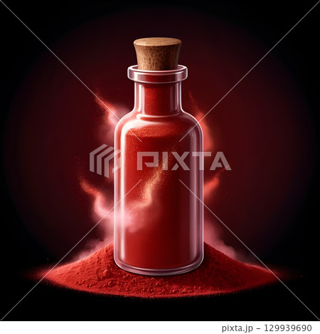 Captivating glass bottle filled with vibrant red powder and mystical golden shimmer, creating an aura of magic and allure 129939690