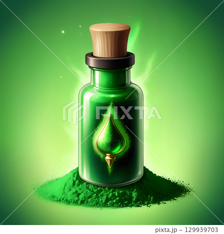 Discover potent green elixir in glass vial with mystical glow, hinting at magic, health, and transformation for captivating content. 129939703