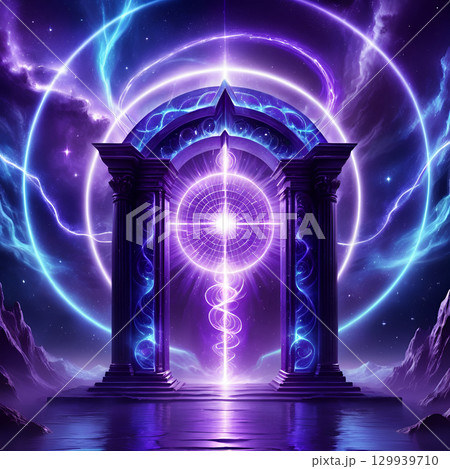 Unlock cosmic power through a shimmering portal in a mystical, otherworldly landscape, inspiring awe and wonder. 129939710