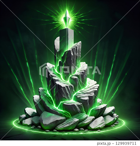 Mystical glowing crystal atop jagged stone formation radiating vibrant energy in dark, atmospheric setting Mystical glowing crystal atop jagged stone formation radiating vibrant energy in dark, atmospheric setting 129939711