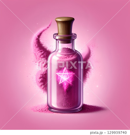 Captivating pink magic potion bottle with glowing star, swirling dust, and wooden stopper, perfect for fantasy and beauty themes 129939740