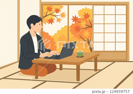 和室でテレワークする男性 和室でテレワークする男性 129939757