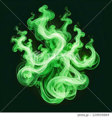 Vibrant green smoke swirls dynamically creating a mesmerizing abstract pattern, perfect for modern design backgrounds and creative projects 129939864