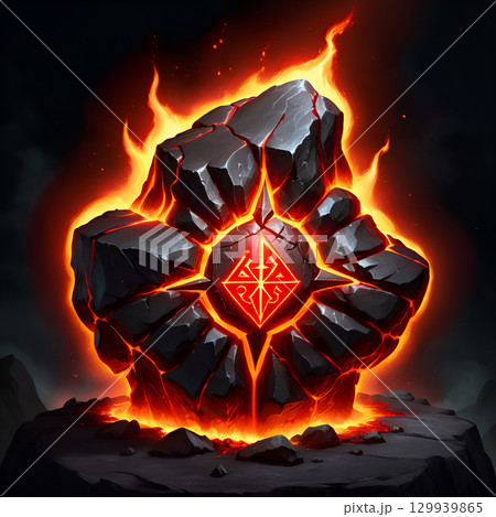 Mystical glowing crystal erupts with fiery energy and ancient symbols, radiating raw power and arcane magic. 129939865