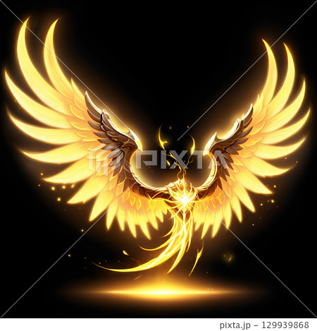 Majestic golden phoenix with radiant wings bursts forth from darkness, symbolizing rebirth and power Majestic golden phoenix with radiant wings bursts forth from darkness, symbolizing rebirth and power 129939868