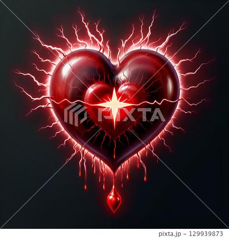 Stunning electric red heart with glowing starburst center and pulsating energy radiating outwards for a dramatic, passionate, or medical concept 129939873