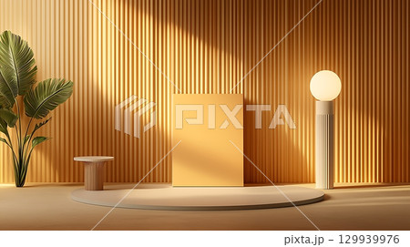 Warm Minimalist Interior Design with Simple Furniture and Decorative Plant Elements 129939976