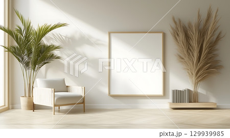 Cozy indoor space with minimalistic decor featuring plants and a blank frame on wall 129939985