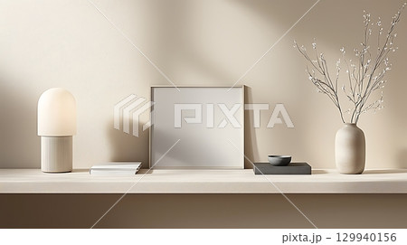 Elegant minimalist interior decor with soft lighting, plants, and neutral tones Elegant minimalist interior decor with soft lighting, plants, and neutral tones 129940156