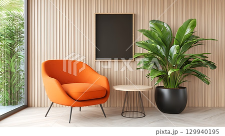 Cozy modern living room with orange chair, wooden wall, and green plant in stylish interior 129940195