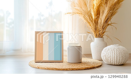 Modern Minimalist Interior with Decorative Elements and Stylish Colorful Artwork Display 129940288