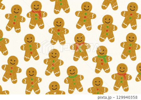 クレヨン手描きのジンジャーブレッドマンのシームレスパターン背景 クレヨン手描きのジンジャーブレッドマンのシームレスパターン背景 129940358