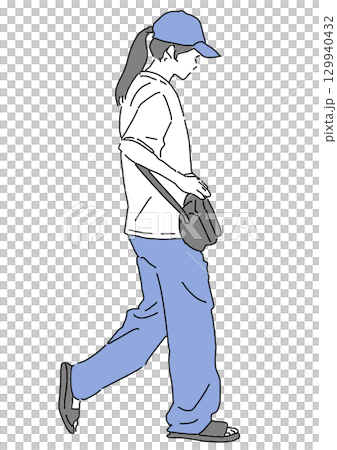 イラスト　女性　キャップ　歩く 129940432